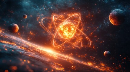Obraz premium Fiery atomic structure in cosmic space with planets.