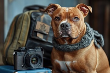 Obraz premium A brown dog is sitting next to a camera, ready to capture the moment