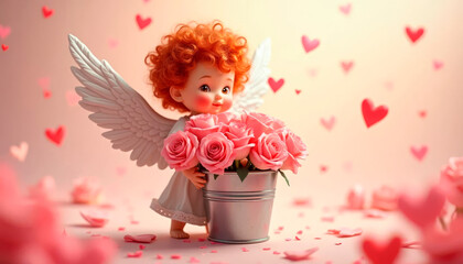 Valentine's day greeting card with cupid, flowers and hearts