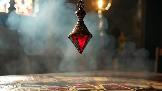 pendulum of fortune telling and tarot cards. Selective focus. Nature.