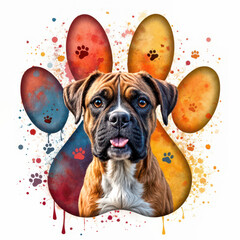 A boxer dog is depicted against a vibrant, colorful backdrop resembling a large pawprint