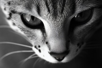 Close-up monochrome portrait of a Savannah cat's intense gaze.