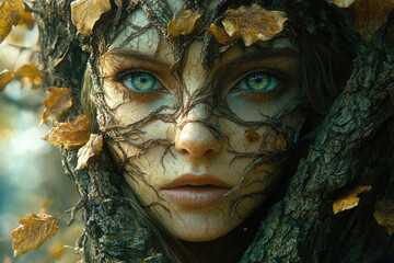 A woman's face intertwined with tree bark and autumn leaves, creating a mystical, nature-spirit aesthetic.
