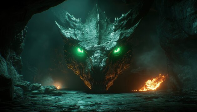 Enormous Medieval Dragon With Glowing Green Eyes And Flames In A Shadowy Cave: Mythical Creature Art Of The Dragon Head In A Gothic Setting At The Final Boss'S Lair.