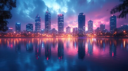 Fototapeta premium Vibrant city skyline reflected in tranquil water at dusk.