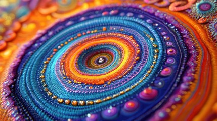 A vibrant, abstract circular design featuring intricate patterns and bright colors.