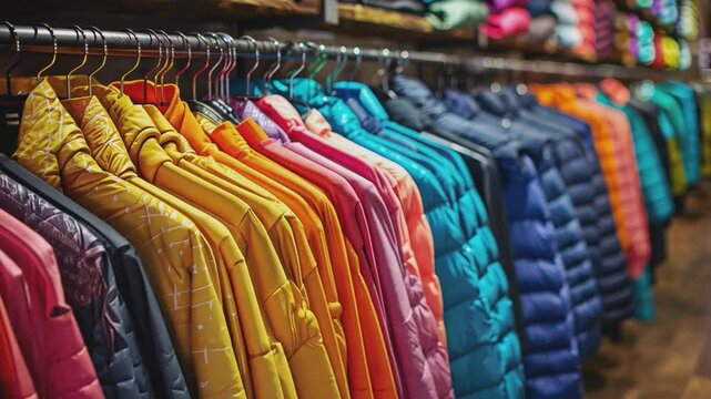 A vibrant display of winter jackets in various colors and styles,  arranged on hangers,  ready for the colder months.  A perfect visual for fashion retailers,  bloggers.