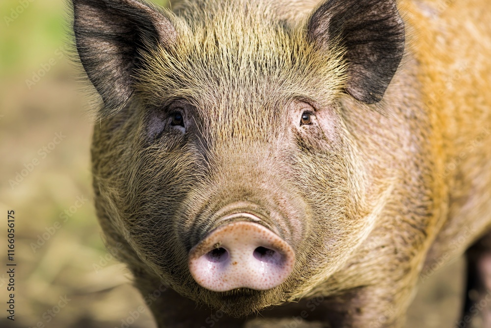 Poster a close-up shot of a pig's face with a blurred background