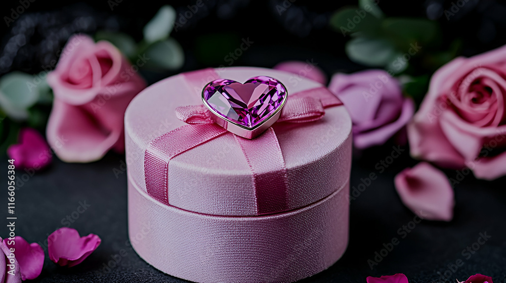 Poster A pink gift box with a heart-shaped gem, surrounded by rose petals and flowers, creates a romantic and elegant atmosphere.