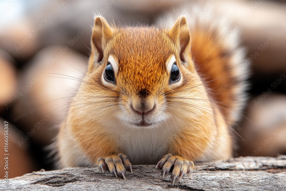 Poster a detailed view of a small mammal perched on a wooden log, preparing for its next move