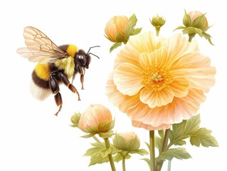 A bee hovering near soft, peach-colored flowers in a serene setting.