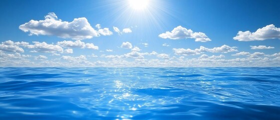 Obraz premium Calm ocean water under a bright sky with puffy white clouds.