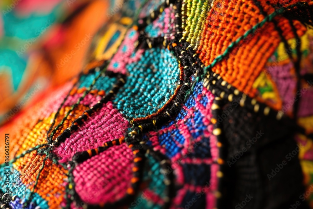 Poster A detailed view of a colorful fabric with intricate patterns and textures