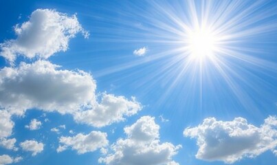 Bright sun shining through fluffy white clouds in a vibrant blue sky.