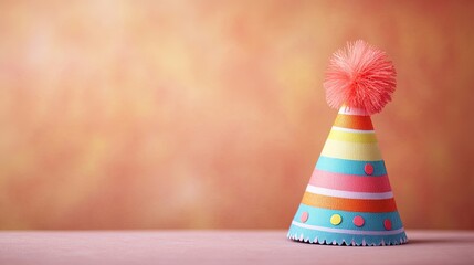 Colorful party hat on pink surface.