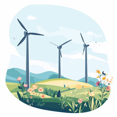 Wind turbines on nature vector illustration for eco-friendly energy solutions