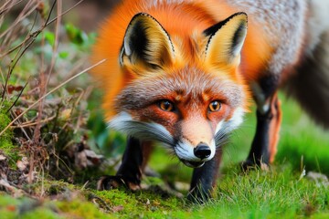Fototapeta premium A close-up shot of a red fox sitting in a grassy area, with a focus on its fur and facial features