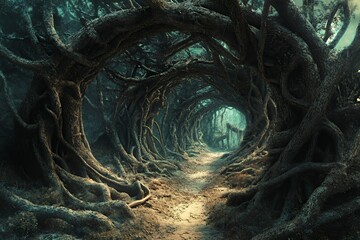 Enchanting Forest Path Through Twisted Ancient Trees