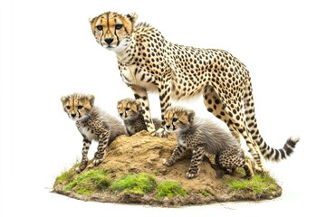 A mother cheetah sitting with her cubs on a mound, showcasing maternal instincts