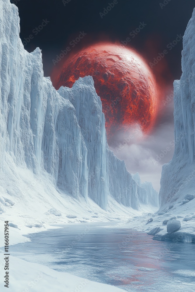 Poster A snow-covered landscape with a red planet visible in the distance, great for use in space-themed or winter scenes