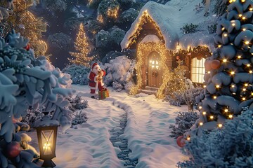 Fototapeta premium Decorated New Year houses with Santa Claus delivering gifts under festive clouds.