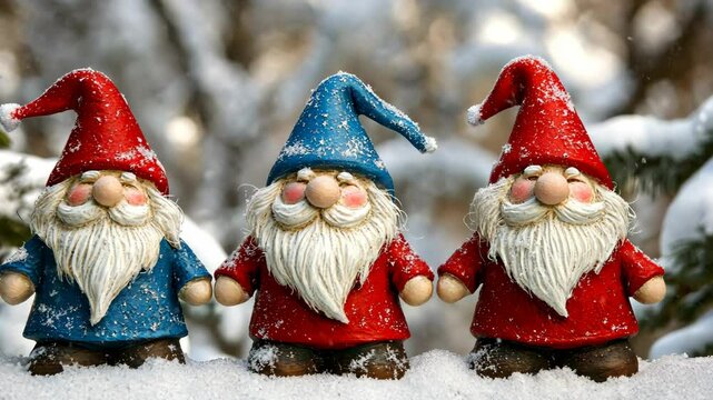 Three colorful gnomes dressed in red and blue hats stand on snow during winter festivities