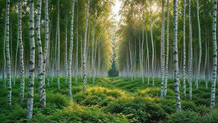 Obraz premium Serene birch forest with lush greenery and sunlight filtering through trees.
