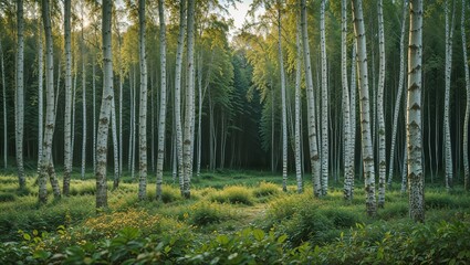 Fototapeta premium Serene birch forest with lush greenery and sunlight filtering through trees.