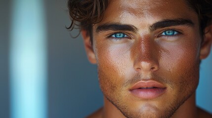 man exudes confidence polished presentation displaying smooth complexion and captivating blue eyes. His sleek hairstyle enhances overall refined look.