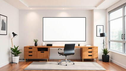 Modern Home Office Room Background for Webinars and Zoom Meetings with Transparent Monitor Cutout for Easy Image
