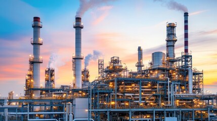 Illuminated industrial refinery complex at sunset, emitting smoke from tall chimneys.