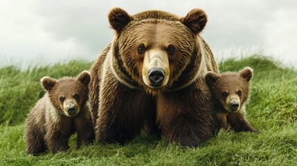 Fototapeta premium A mother bear tends to her two cubs in a sunny, grassy field