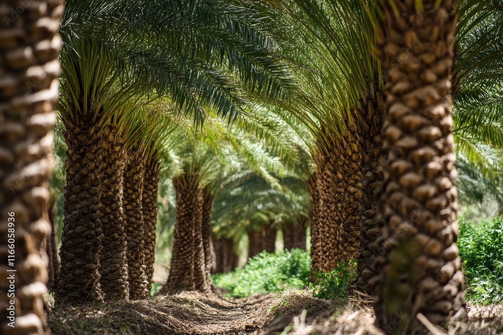 Poster A row of palm trees stands tall in a dense forest, with lush greenery and sunlight filtering through the leaves