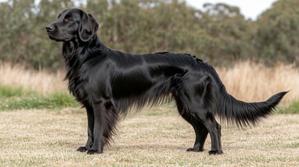 Black Flat-Coated Retriever standing alert in a field.