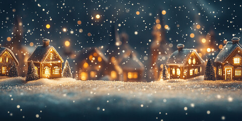 Festive Christmas village glowing with golden fairy lights, surrounded by softly falling snowflakes. A magical winter night scene perfect for holiday greetings with copy space.

