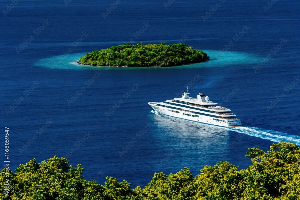 Poster a large white boat sailing across the surface of the water, ideal for use in travel or adventure-rel