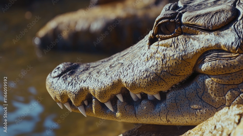 Poster a close-up view of a crocodile statue, perfect for decorative or symbolic uses