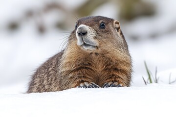 A groundhog sitting in the snow, looking directly at the camera