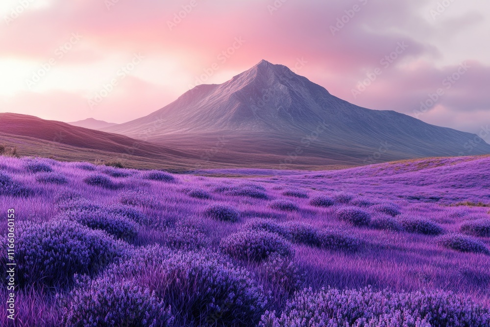 Poster a serene landscape with a purple field and a mountain in the background, suitable for use as a wallp
