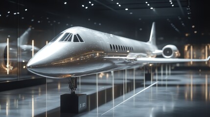 Fototapeta premium Elegant Display of a White Aircraft in a Modern Design Showroom Showcasing Aviation Innovation and Craftsmanship with a Clean Aesthetic