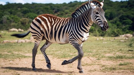 Obraz premium A zebra walks through an open field next to a forest, with grass and trees in the background