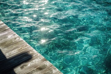 Obraz premium A wooden dock extends over calm water with trees and possibly other scenery in the background