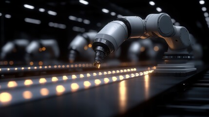 Fototapeta premium Innovative Robot Standing on a Bright Table in a Modern Factory Environment Showcasing Advanced Technology and Automation in Industrial Applications