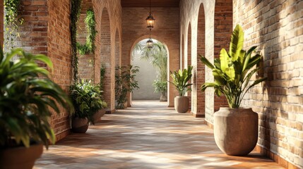 Fototapeta premium Exploring rustic brick hallway historic building indoor perspective architectural