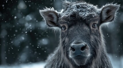 Fototapeta premium A close-up view of a goat standing in the snow, informative phrase about what pictured on image, useful for commercial use