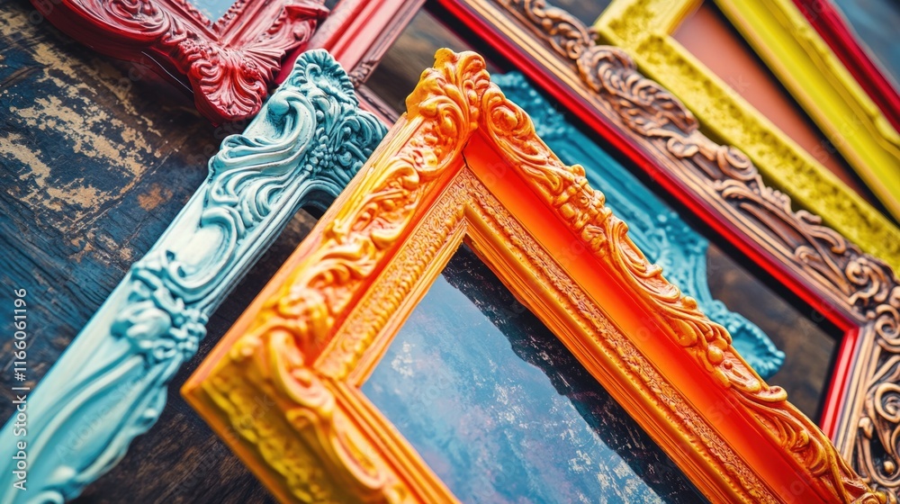 Aufkleber Various colorful picture frames arranged on a table, ideal for use in design projects or as props for photography shoots