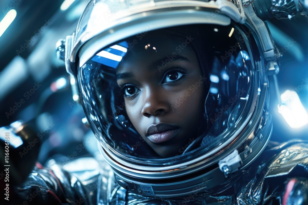 Poster a close-up shot of a person wearing a space suit, likely in an astronaut or space exploration contex