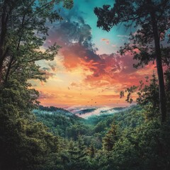 Majestic Forest Sunset Over Misty Mountain Valley