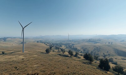Aerial view of wind turbines on a vast, dry, grassy plain.