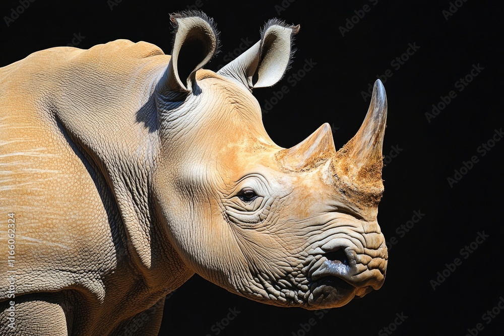 Poster Close-up image of a rhino's face on a dark background